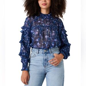 French Connection Anifrida Arica Pleat-Sleeve Top NWT Blue Med